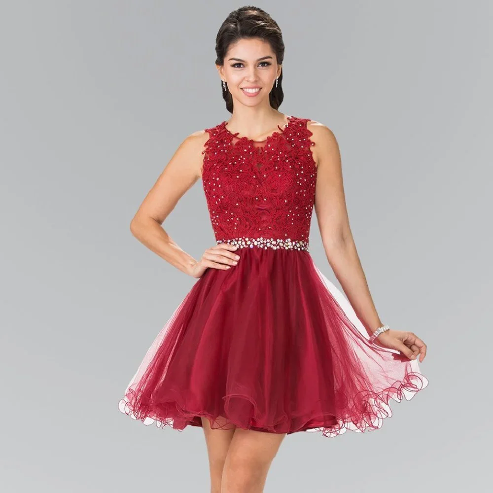 NEW SHORT BABY DOLL SLEEVELESS TULLE GOWN WITH ZIP BACK & RHINESTONES GL GS2375